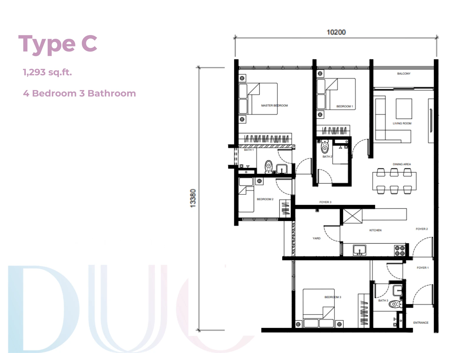 Straits View Duo Type C Type C 4 Bedrooms 3 Bathrooms 1293 sqft floor plan