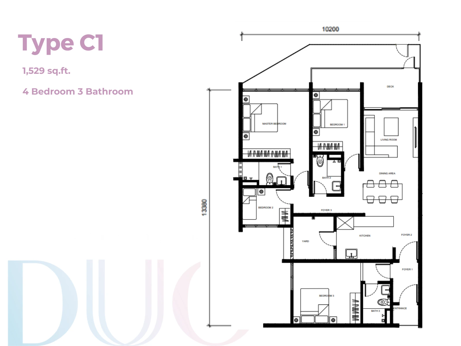 Straits View Duo Type C1 Type C1 4 Bedrooms 3 Bathrooms dual-key 1529 sqft floor plan