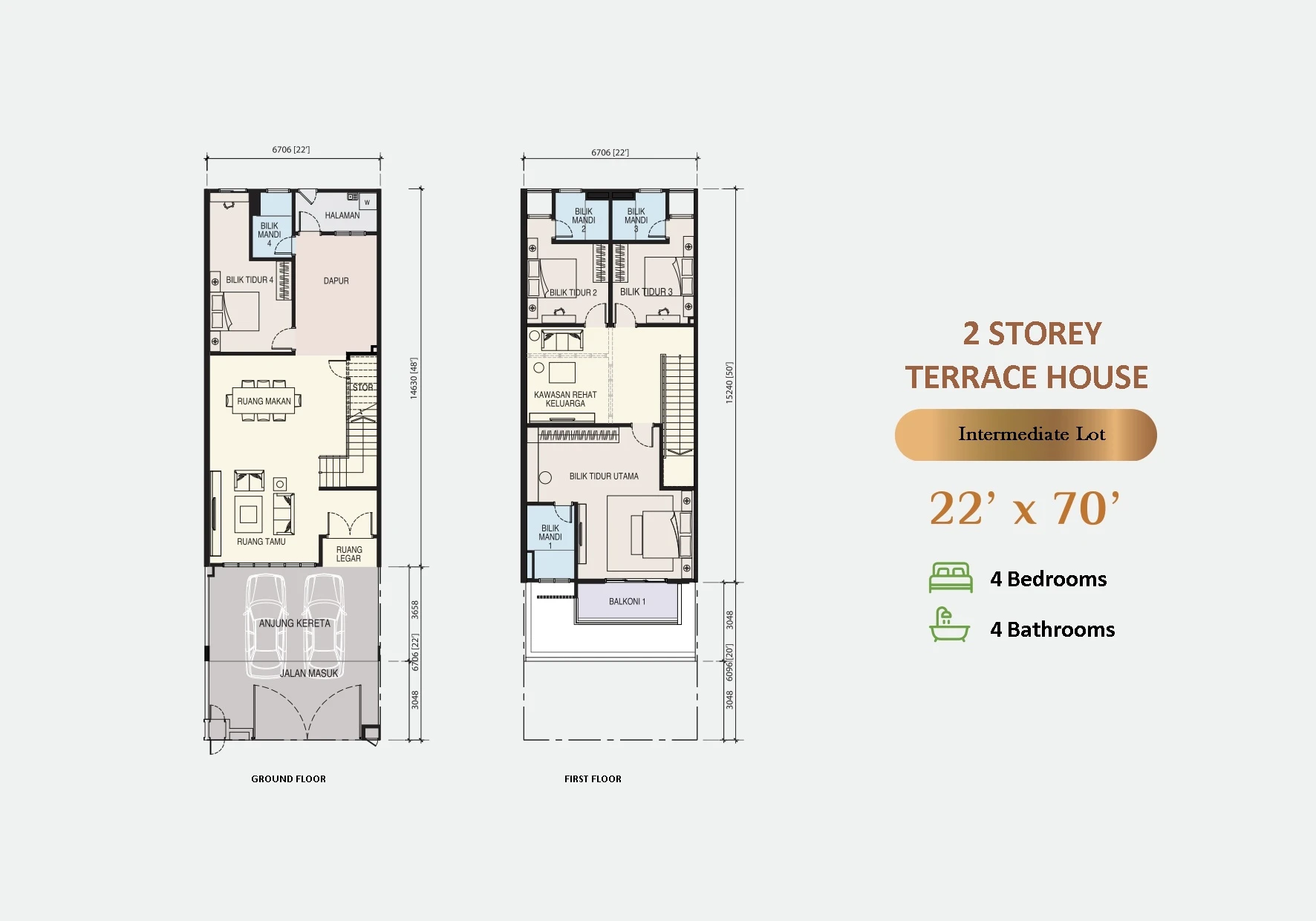 Taman Pulai Bestari by KSL Floor Plan Phase 1/3/4 DSTH 22x70 4 Bedrooms 4 Bathrooms DSTH land 22x70; other land/built-up sizes vary by phase sqft floor plan