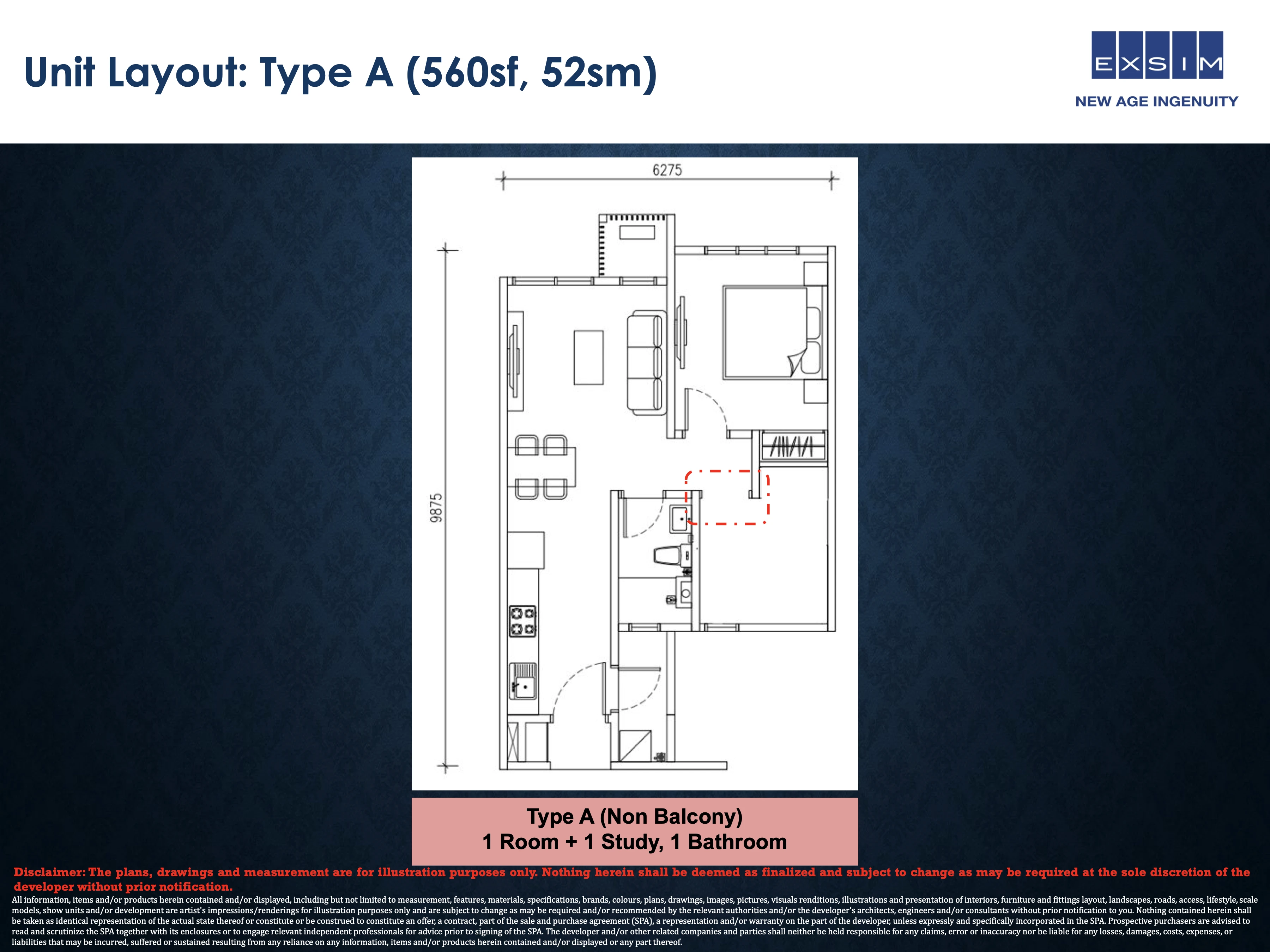 THE ASTERIAZ Unit Layout Type A 1+1 Bedroom 560 sqft floor plan