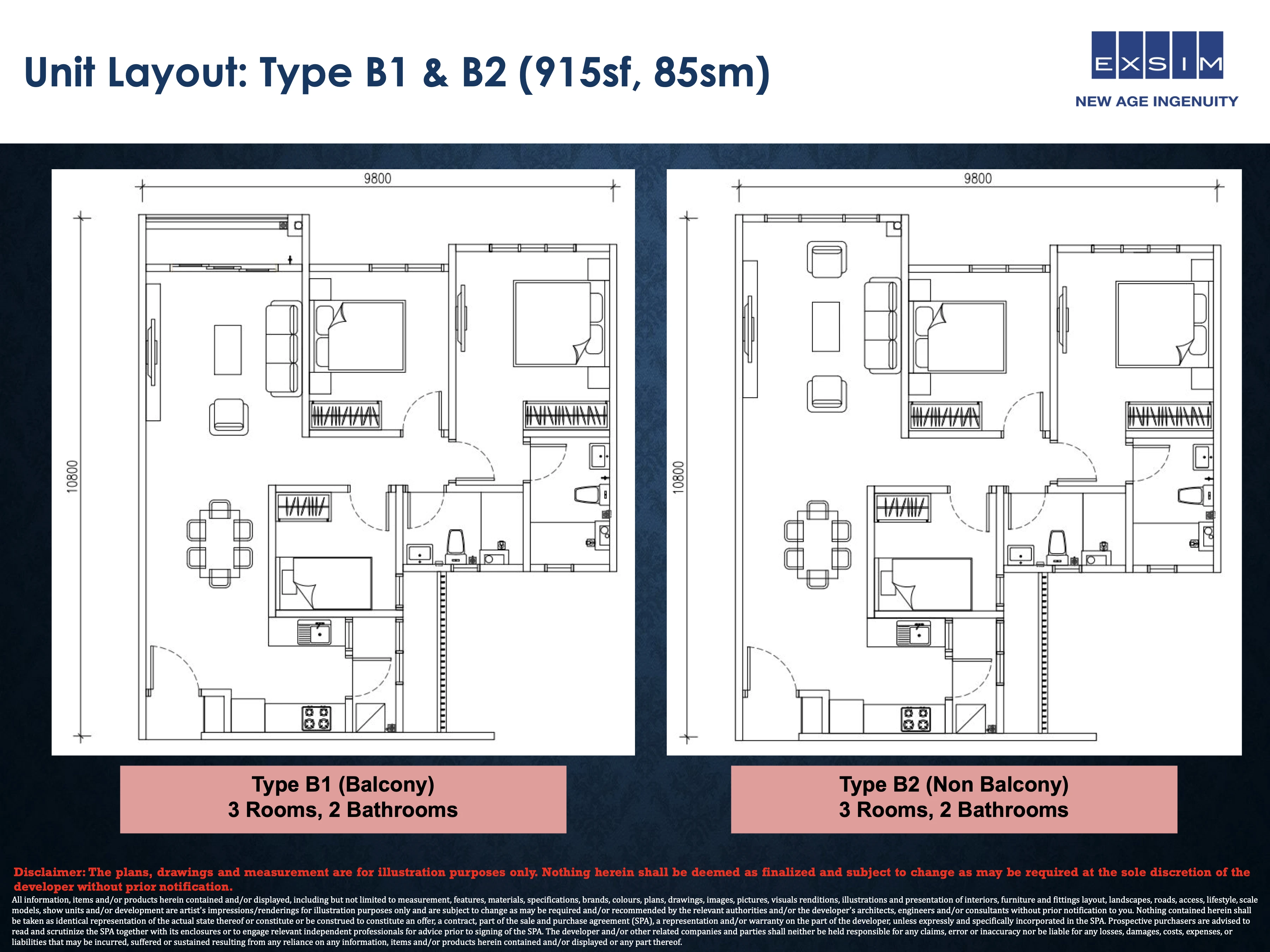 THE ASTERIAZ Unit Layout Type B1 B2 3 Bedrooms 915 sqft floor plan