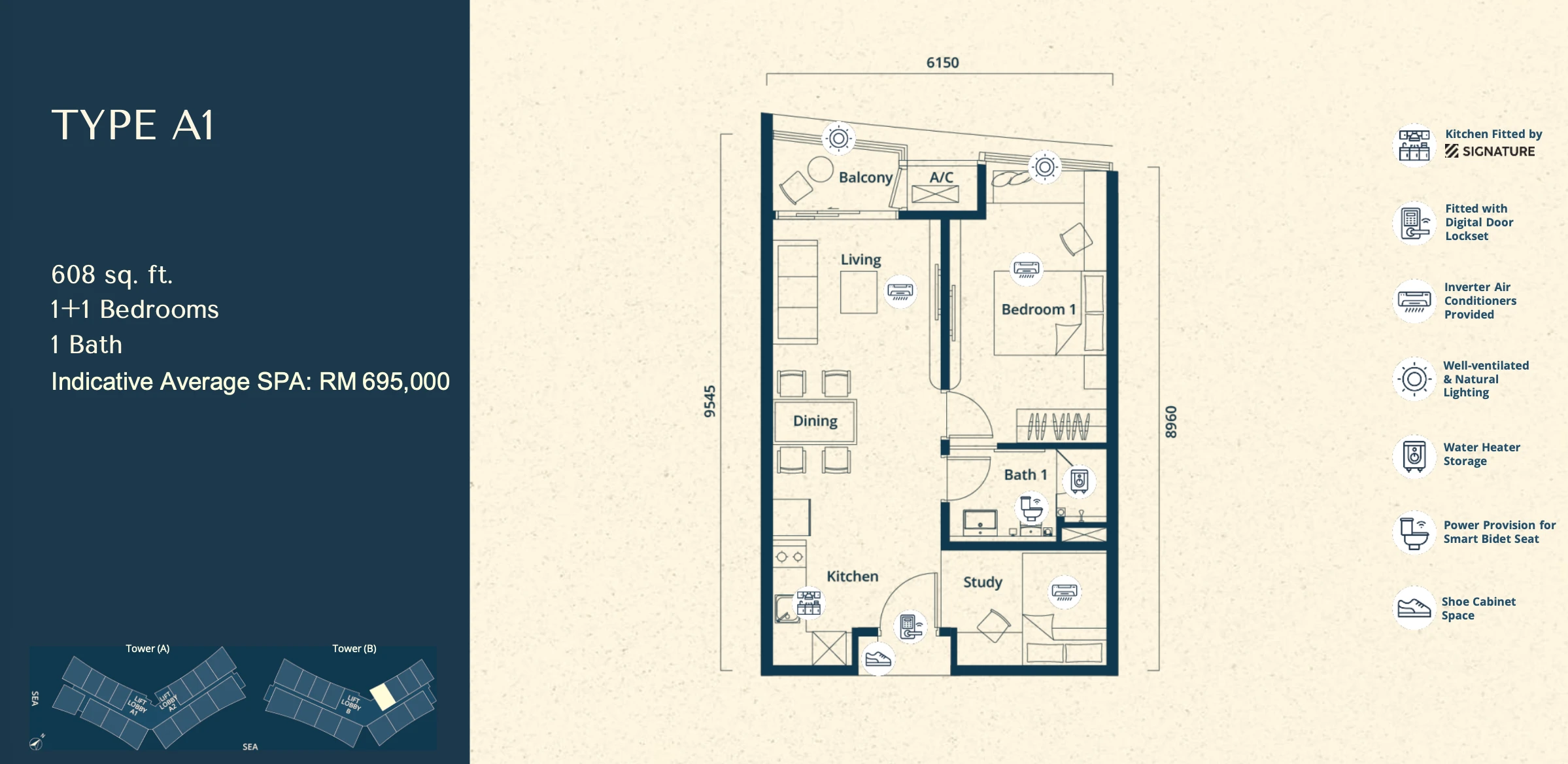 The Eclipse Type A1 1+1 Rooms 608 sq ft 1+1 rooms 608 sqft floor plan