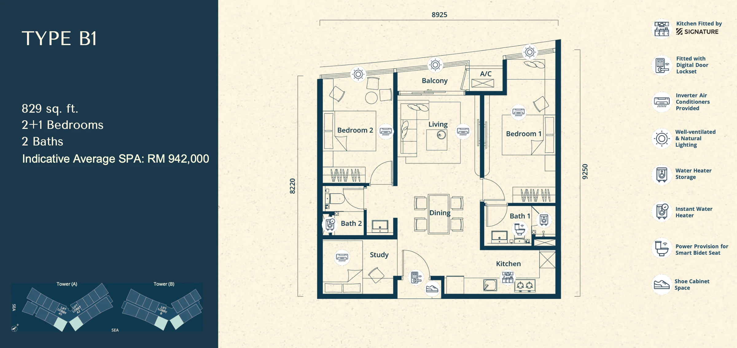 The Eclipse Type B1 2+1 Rooms 829 sq ft 2+1 rooms 829 sqft floor plan