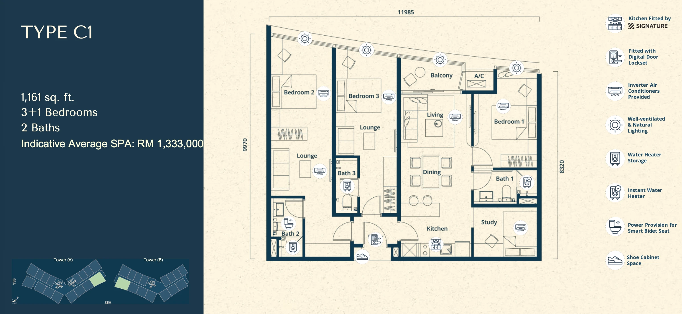 The Eclipse Type C1 3+1 Rooms 1161 sq ft 3+1 rooms 1161 sqft floor plan