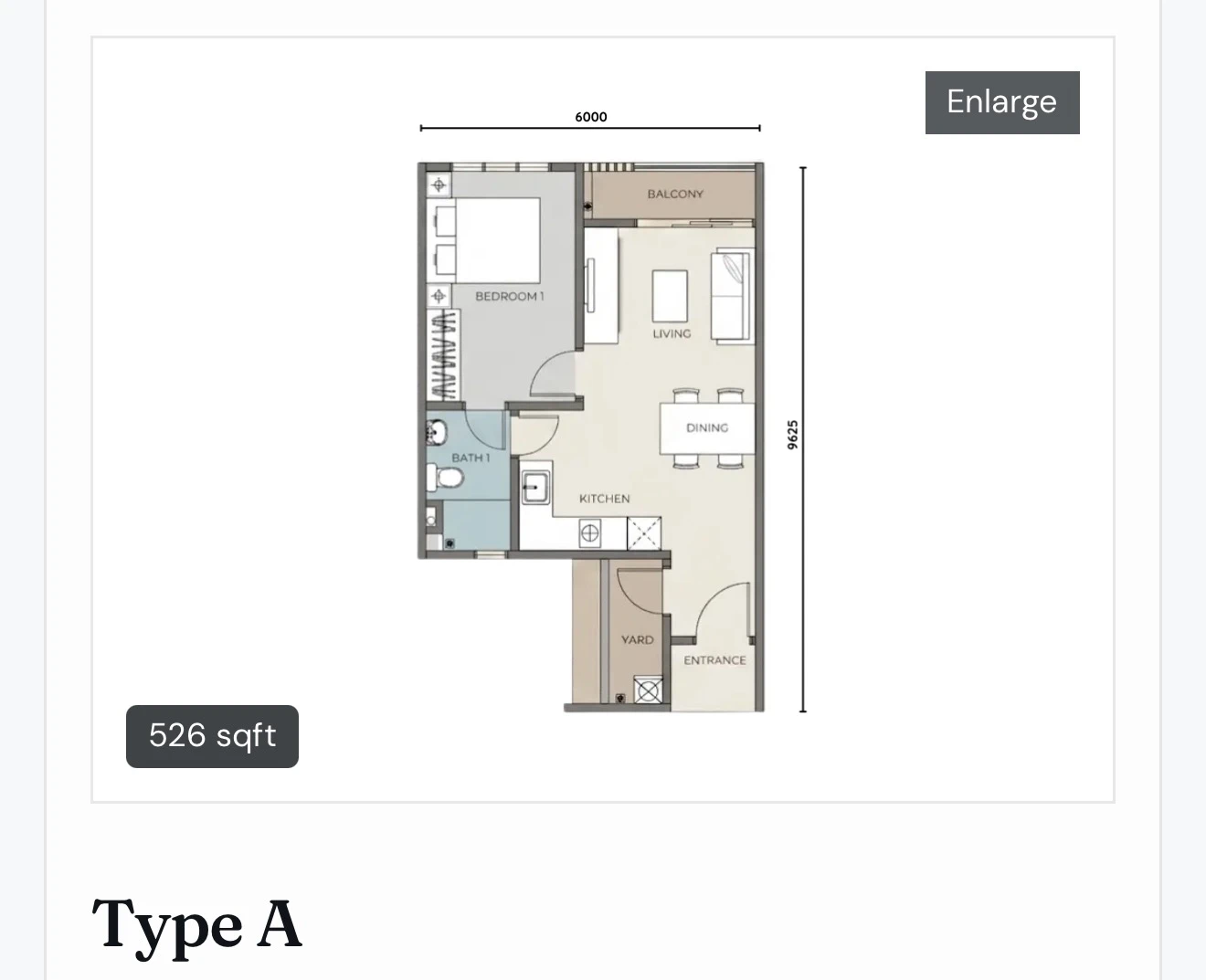 The Iconic by PGB Type A 1 bedroom 526 sqft floor plan