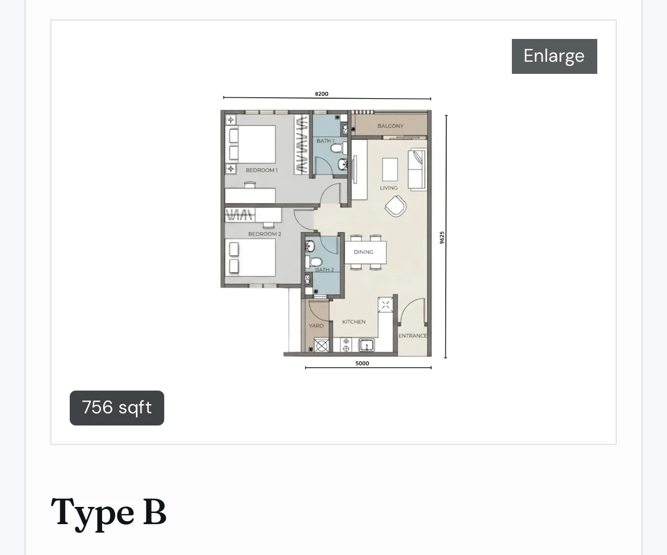 The Iconic by PGB Type B 2 bedrooms 756 sqft floor plan