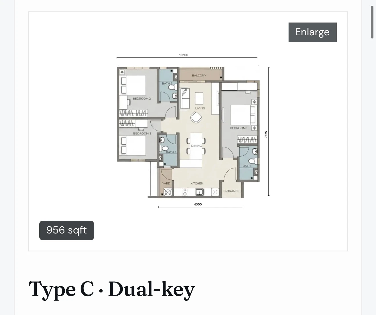 The Iconic by PGB Type C · Dual Key 3 bedrooms · dual key 956 sqft floor plan