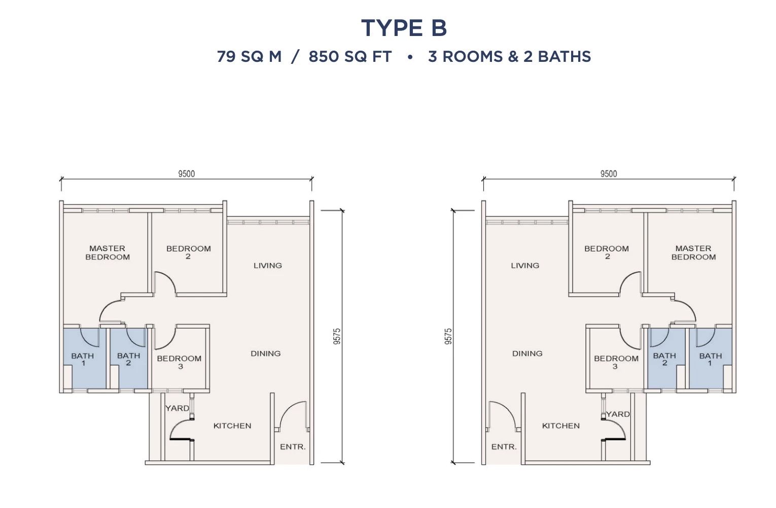 Veranda Residences 2 Type B 3 Rooms 850 sq ft 3 rooms 850 sqft floor plan