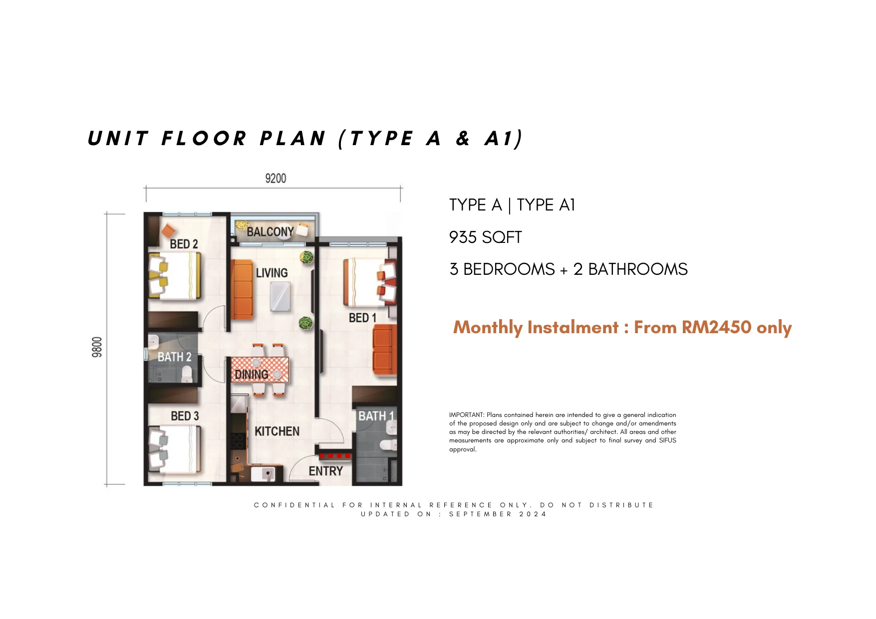 Verte/ V Medini Residence Type A A1 Type A / A1 3 Bedrooms + 2 Bathrooms 935 sqft floor plan