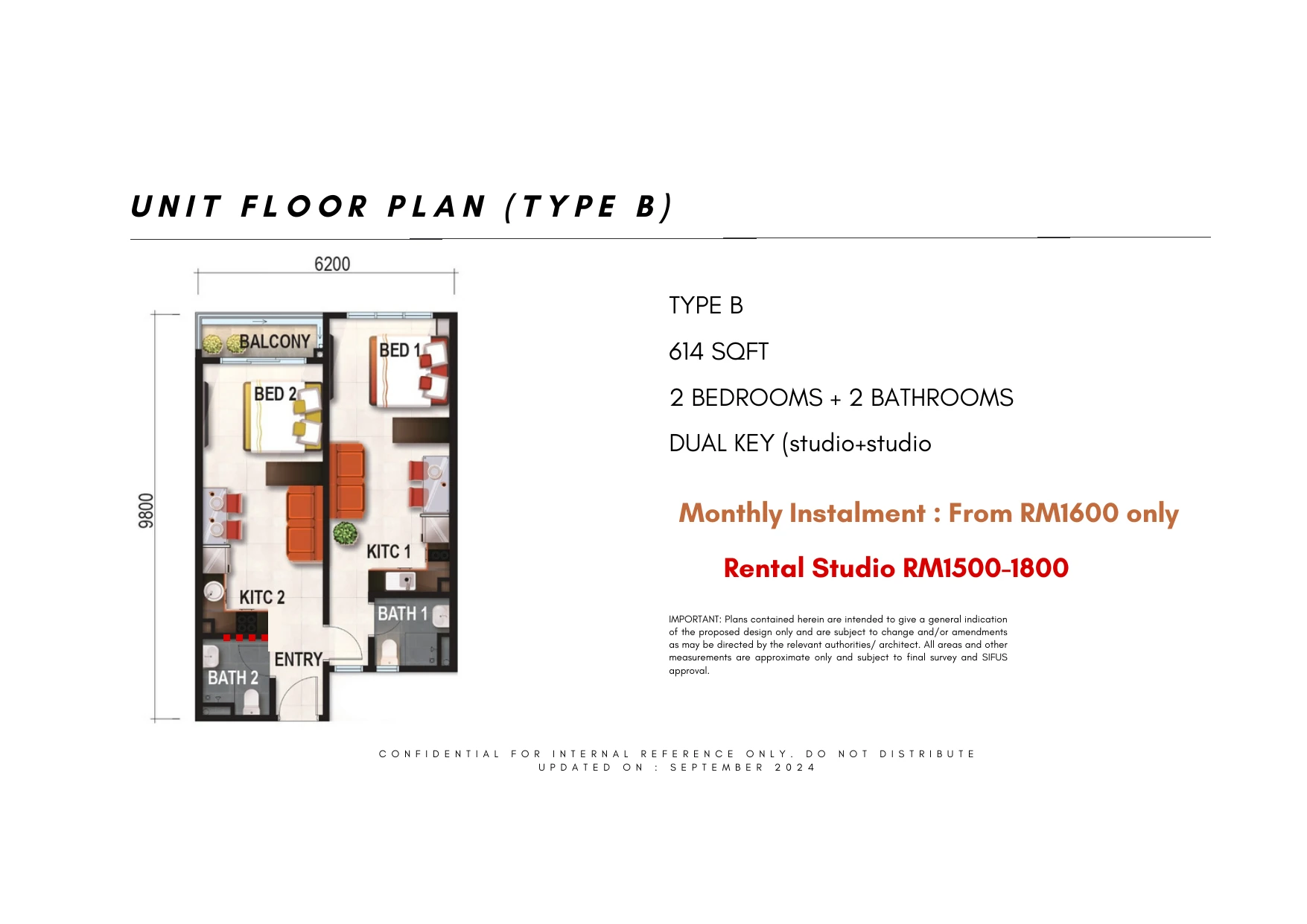 Verte/ V Medini Residence Type B Type B 2 Bedrooms + 2 Bathrooms dual-key studio + studio 614 sqft floor plan