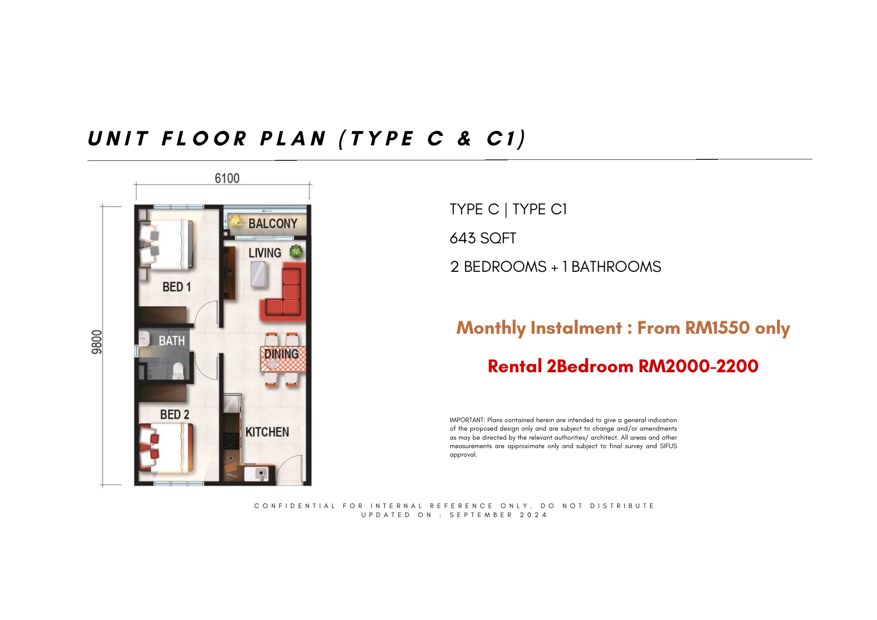 Verte/ V Medini Residence Type C C1 Type C / C1 2 Bedrooms + 1 Bathroom 643 sqft floor plan