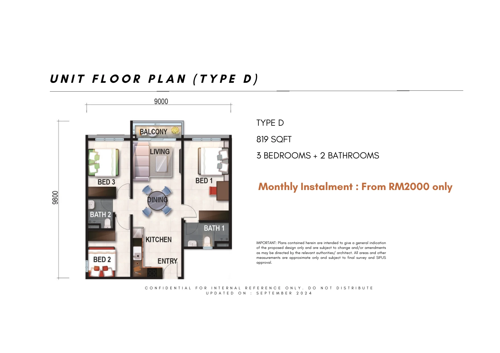 Verte/ V Medini Residence Type D Type D 3 Bedrooms + 2 Bathrooms 819 sqft floor plan