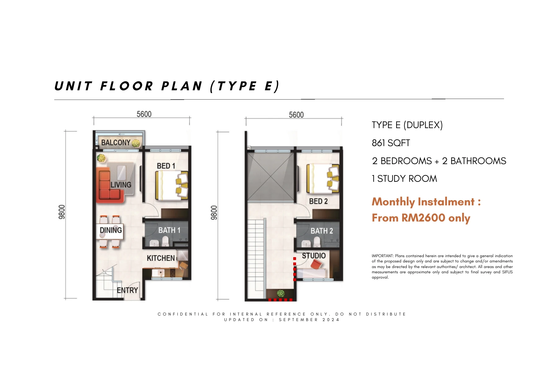 Verte/ V Medini Residence Type E Type E duplex 2 Bedrooms + 2 Bathrooms + 1 Study 861 sqft floor plan