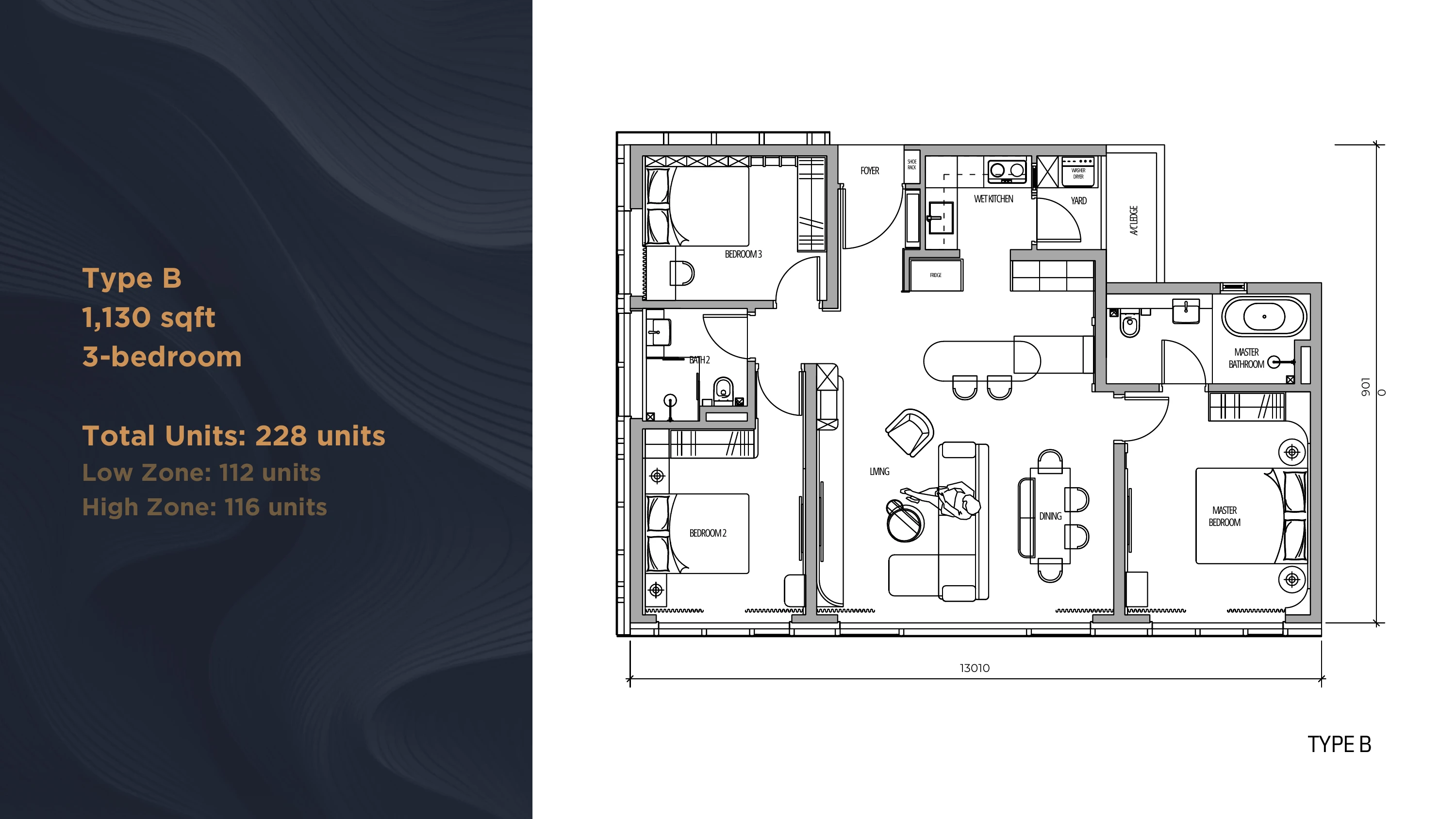 Arden Residence Type B 3 bedrooms 1130 sqft floor plan