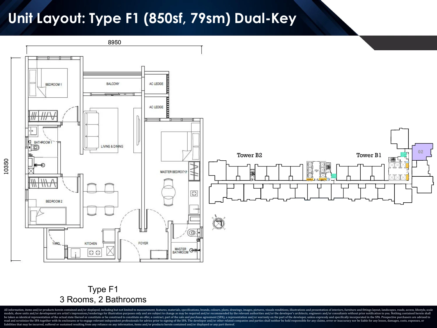 Causewayz Square · Brixton Brixton Tower Type F1 · Dual Key 3 bedrooms · dual key 850 sqft floor plan