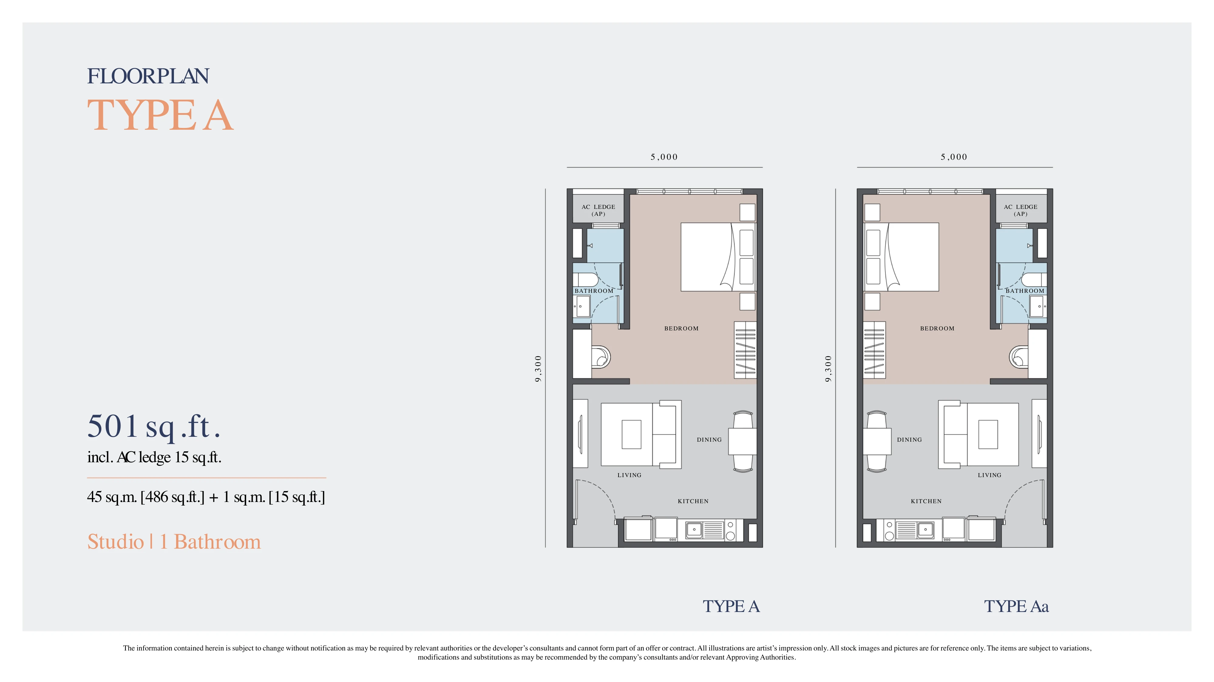 ADISON @ LARKINTON Type A / Aa Studio 501 sqft floor plan