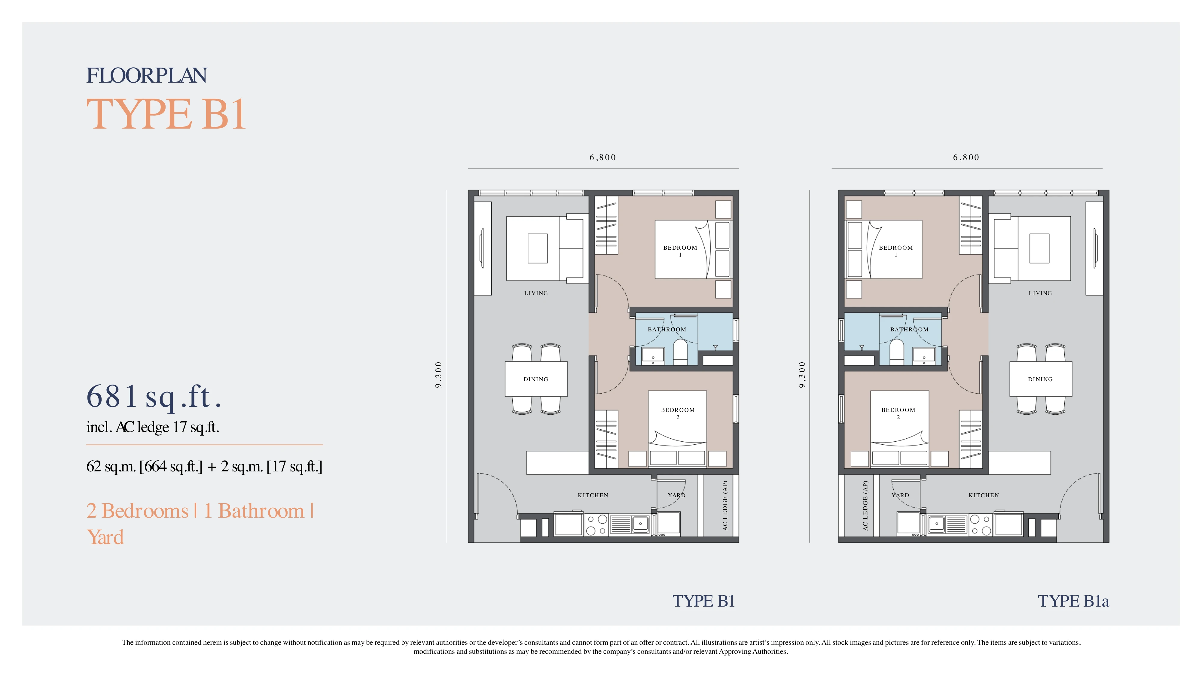 ADISON @ LARKINTON Type B1 / B1a 2 bedrooms 681 sqft floor plan