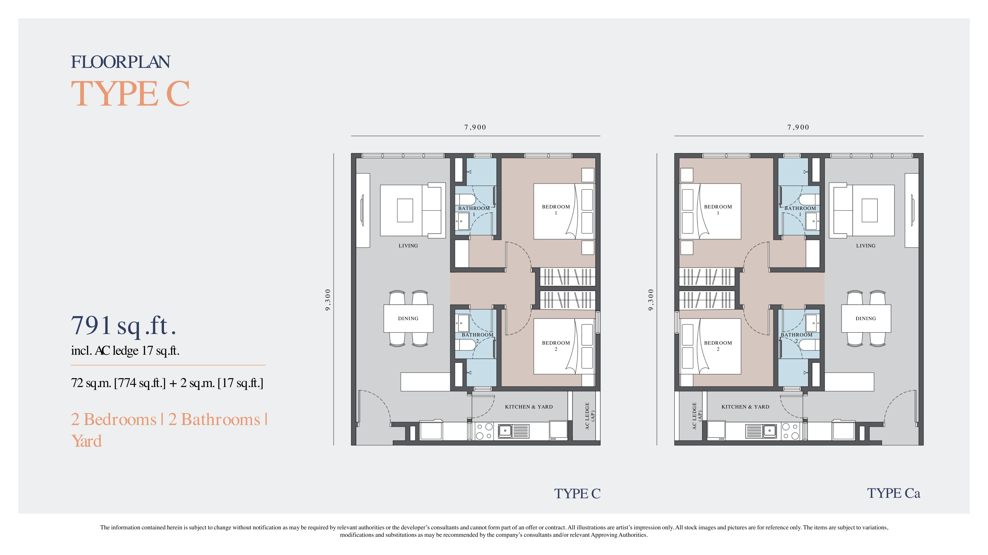 ADISON @ LARKINTON Type C 2 bedrooms 791 sqft floor plan