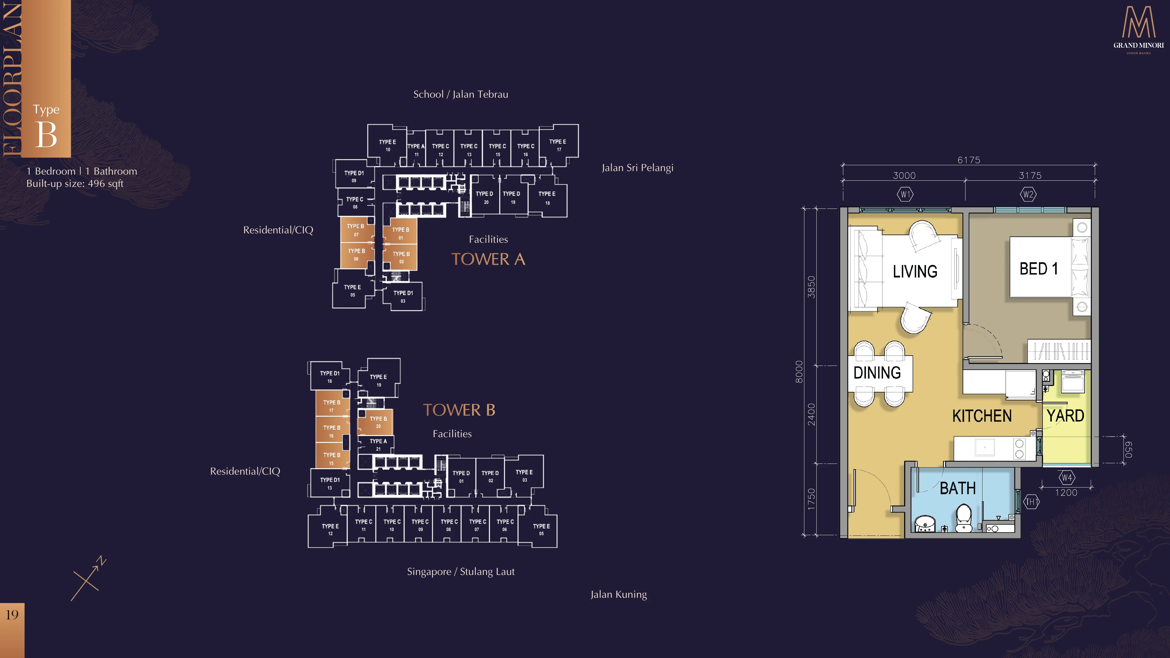 M Grand Minori Type B 1 bedroom 496 sqft floor plan
