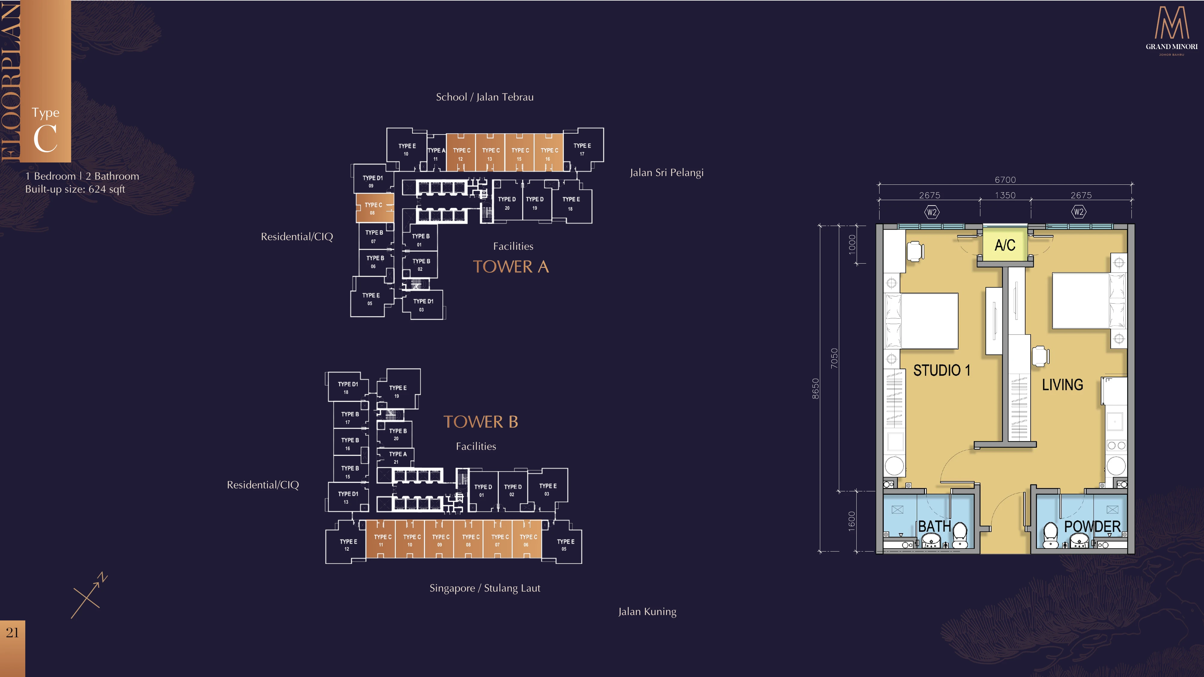 M Grand Minori Type C 1 bedroom · dual key 624 sqft floor plan