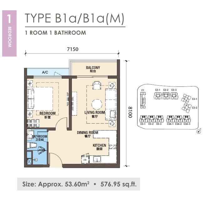 R&F New Casa Suites Type B1a-B1a(M) 1 bedroom 576.95 sqft floor plan