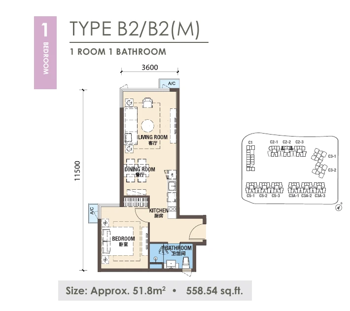 R&F New Casa Suites Type B2-B2(M) 1 bedroom 558.54 sqft floor plan