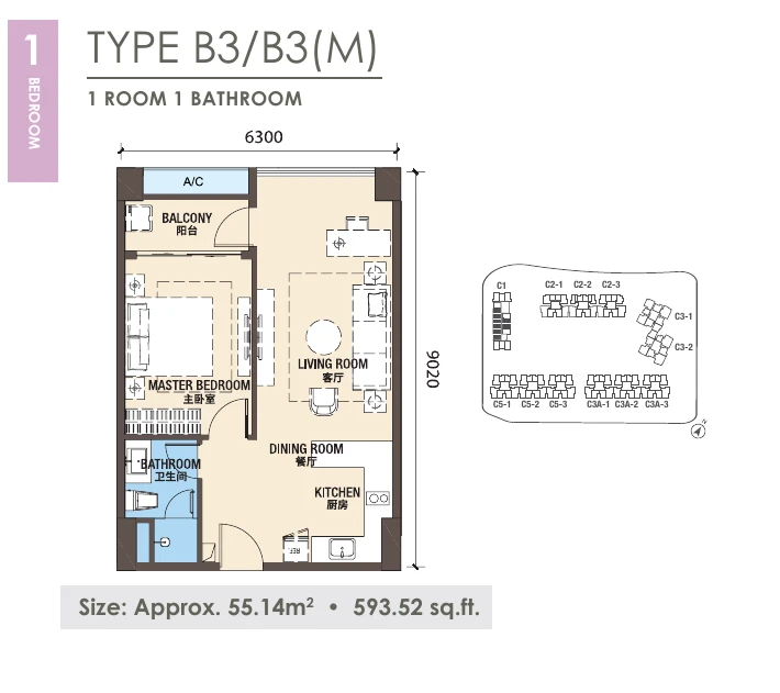 R&F New Casa Suites Type B3-B3(M) 1 bedroom 593.52 sqft floor plan