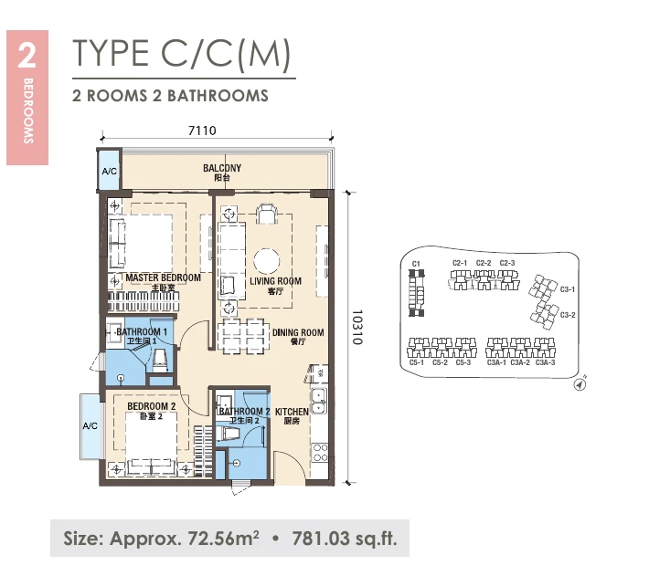 R&F New Casa Suites Type C-C(M) 2 bedrooms 781.03 sqft floor plan