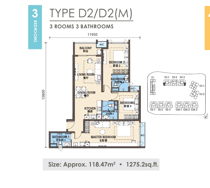 R&F New Casa Suites Type D2-D2(M) 3 bedrooms 1275.20 sqft floor plan